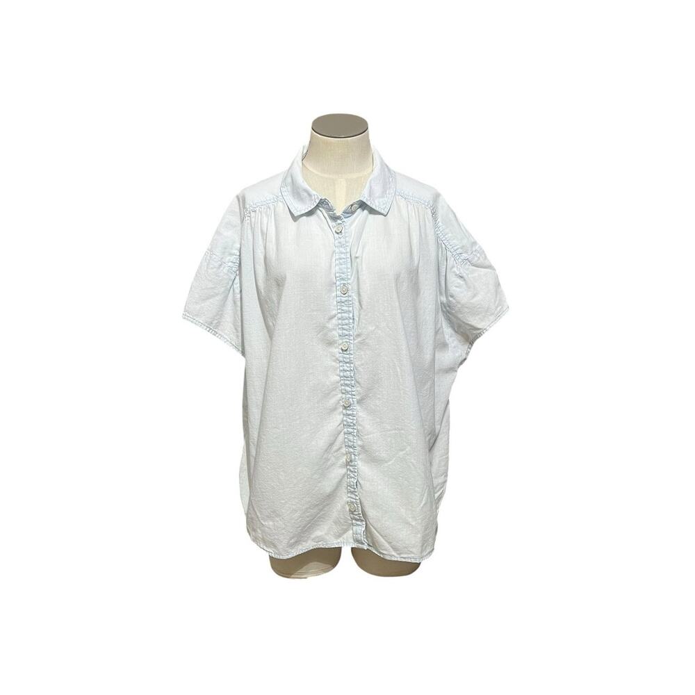 American Eagle Boho Denim Light Wash Boxy Short Sleeve Button Up Shirt Sz M